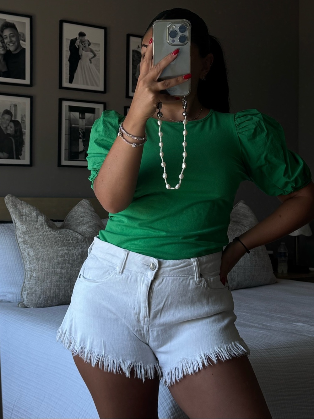 H&M Green Puff-Sleeve Short Sleeve Top